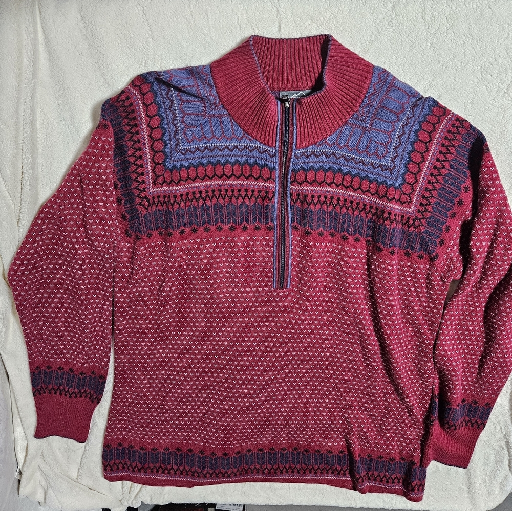 Eddie Bauer Men's Fairisle Sweater‎ 1/4 zip, size XXL Maroon & Blue Grandpa Ski